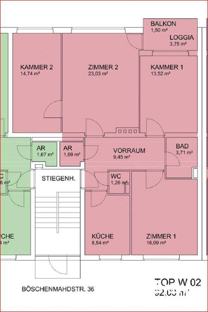 Grundriss der Wohnung mit Zimmern, Küche, Bad, WC, Balkon und Loggia.