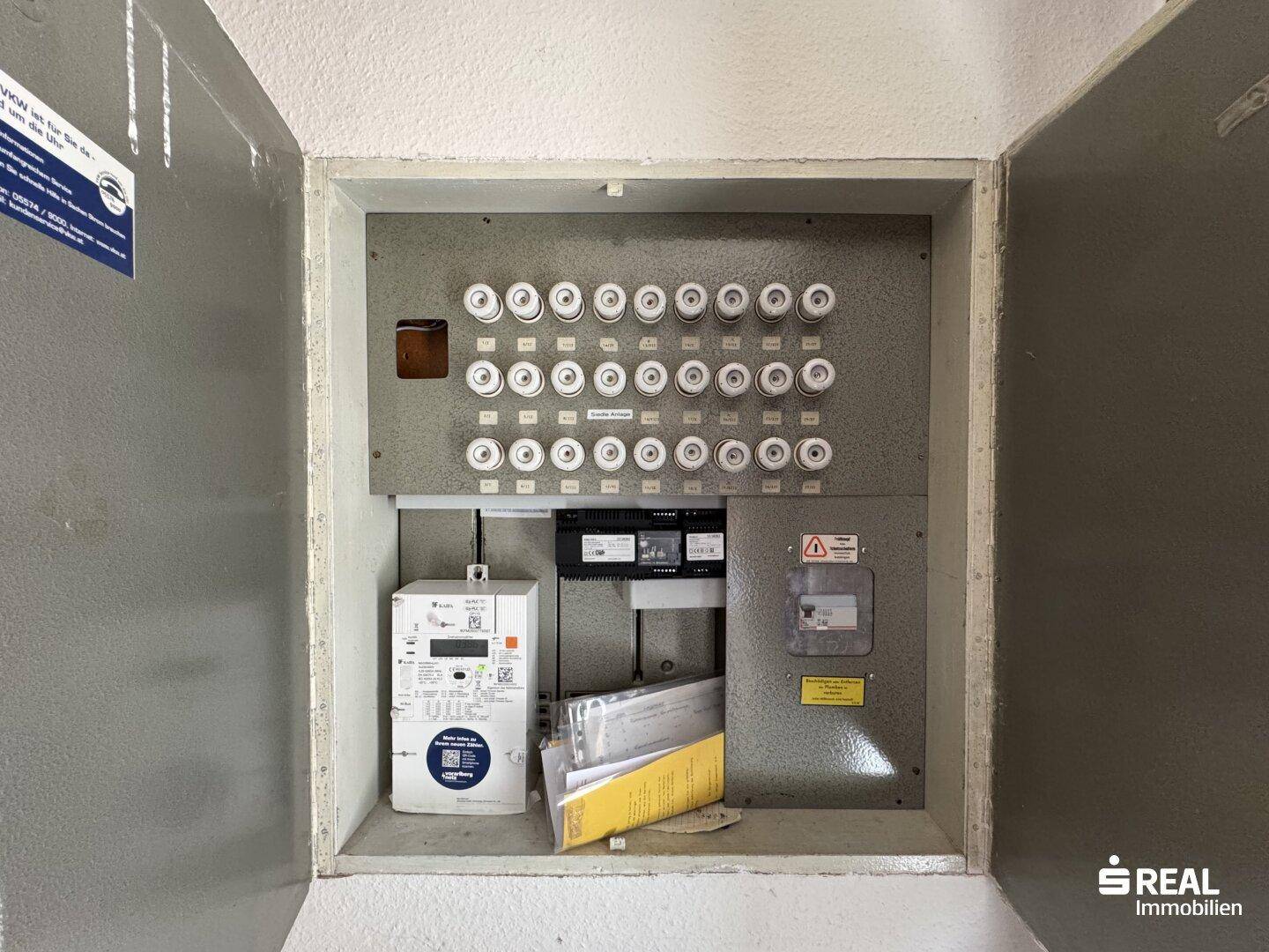 Elektrischer Sicherungskasten mit Zähler und vielen Sicherungen.