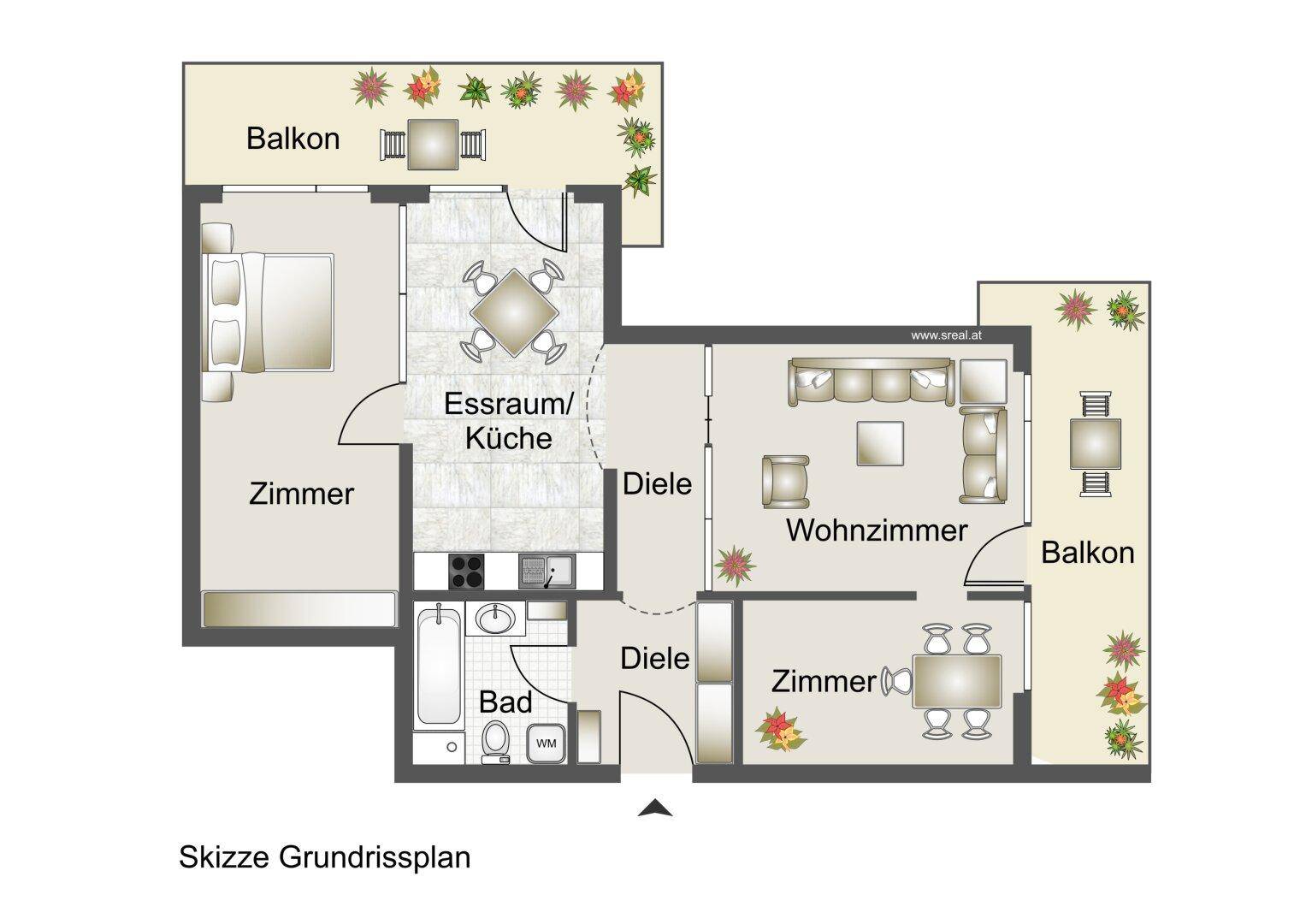 Grundrissplan einer Wohnung mit zwei Balkonen, Wohnzimmer, Schlafzimmer und Bad.