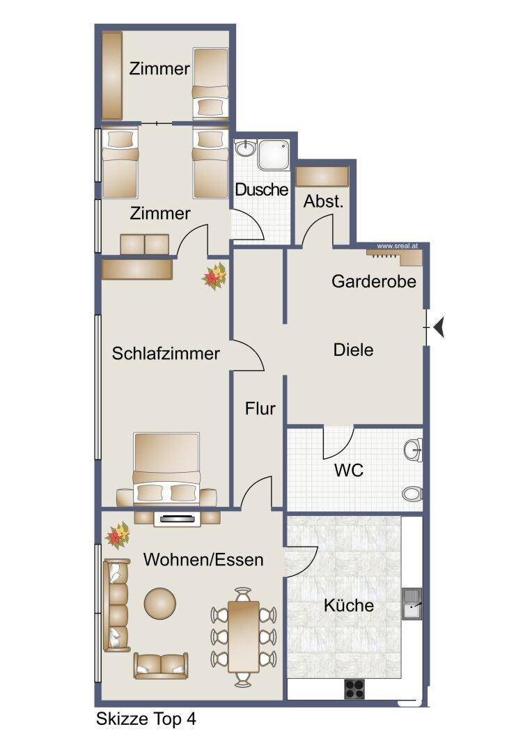 Grundriss der Wohnung mit Schlafzimmer, Wohn-Essbereich, Küche und zwei weiteren Zimmern.