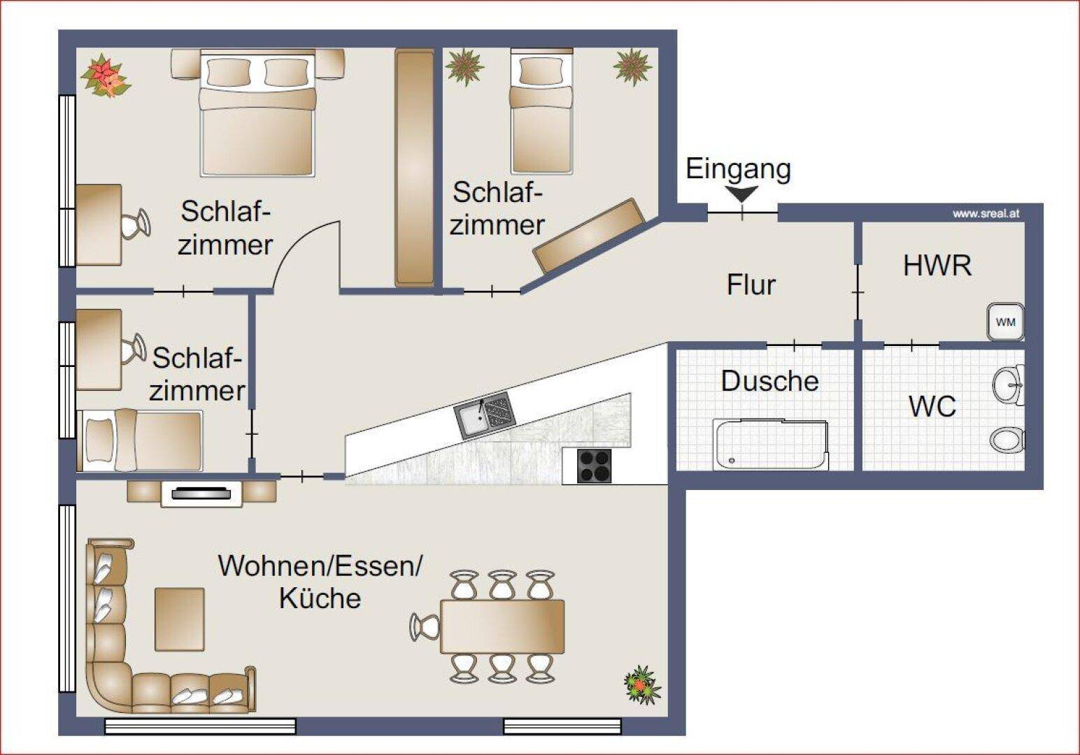 Grundriss der Wohnung mit drei Schlafzimmern, offenem Wohnbereich und separatem WC.