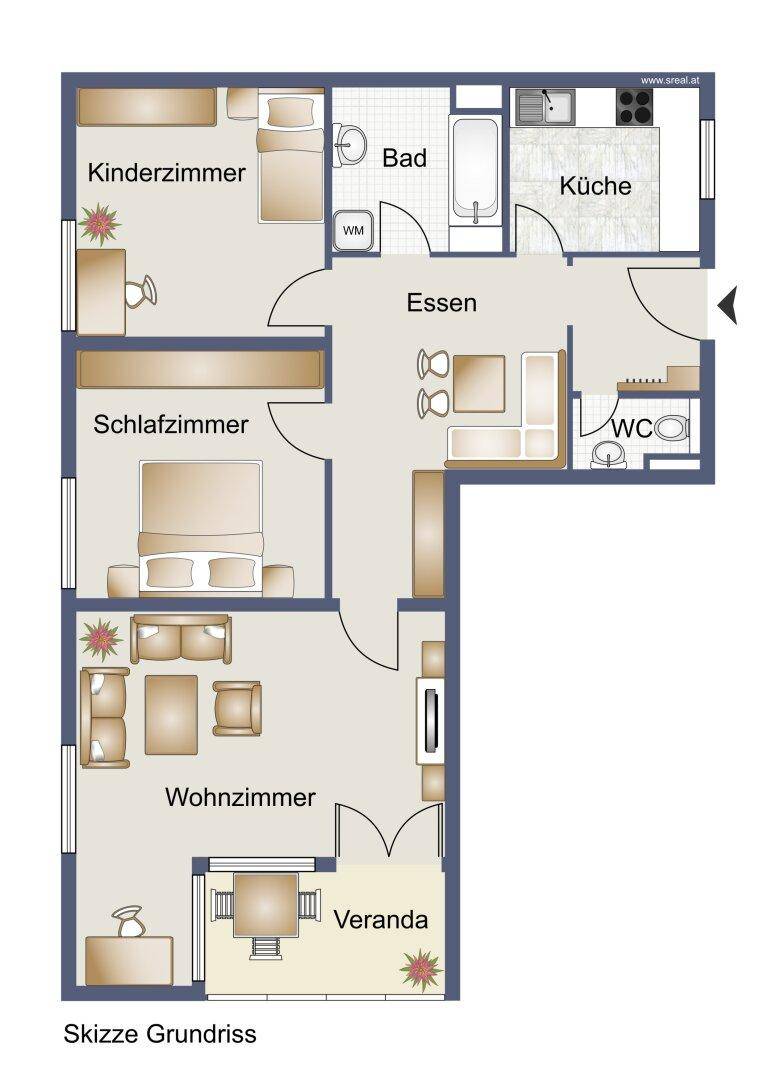 Grundriss der Wohnung mit drei Schlafzimmern, Wohnzimmer, Küche und Veranda.