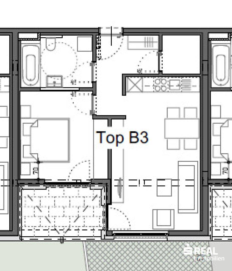 Grundriss der Wohnung "Top B3" mit Bad, Schlafzimmer und offenem Wohnbereich.