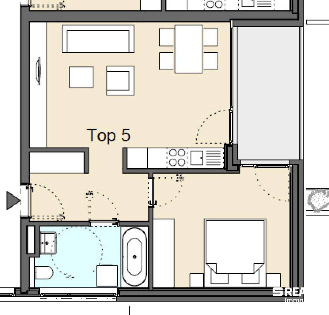 Grundriss für Wohnung Top 5 mit offenem Wohnbereich, Schlafzimmer und Badezimmer.