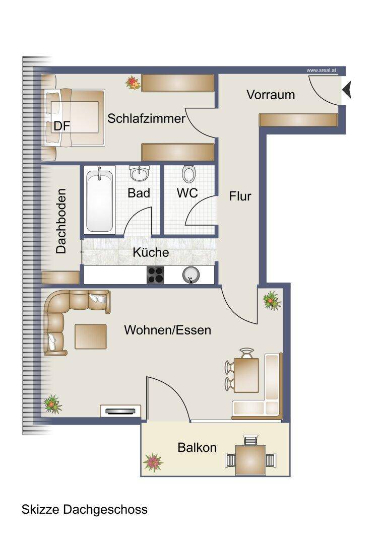Grundriss des Dachgeschosses mit Schlafzimmer, Bad, WC, Küche und Wohn-/Essbereich.