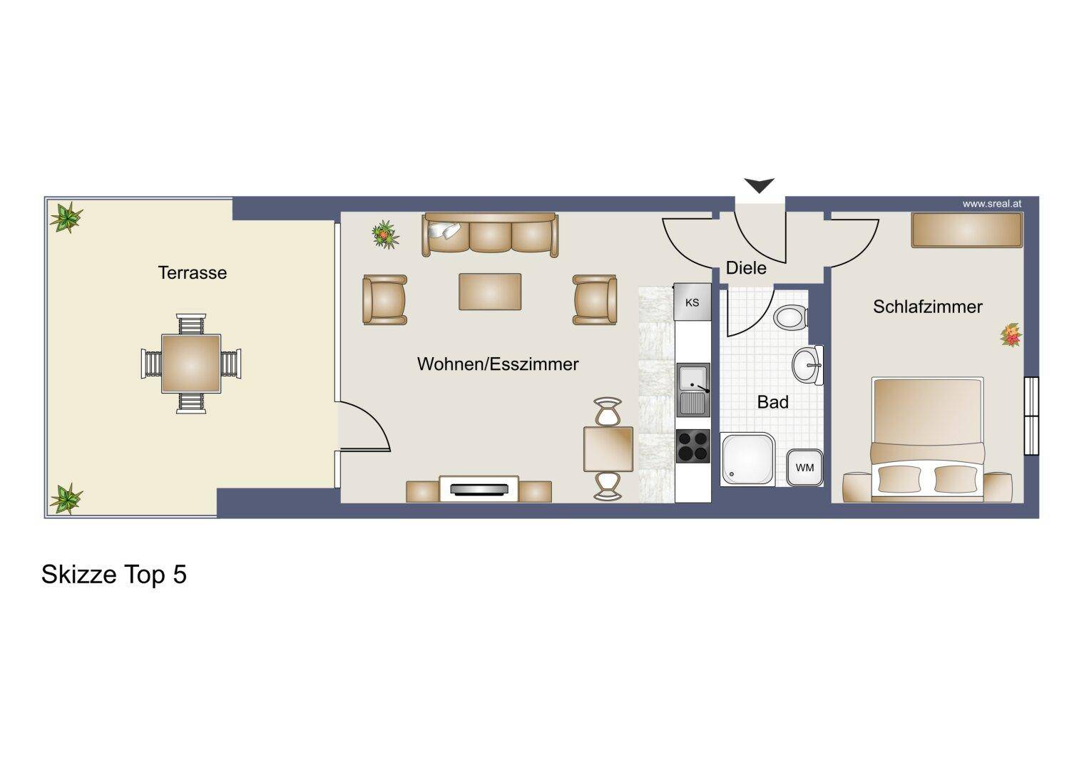 Grundriss Skizze Top 5 zeigt eine Wohnung mit Terrasse, Wohn-/Esszimmer und Schlafzimmer.