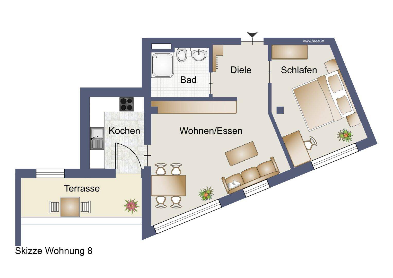 Grundriss der Wohnung mit Wohn-/Essbereich, Küche, Schlafzimmer und Terrasse.