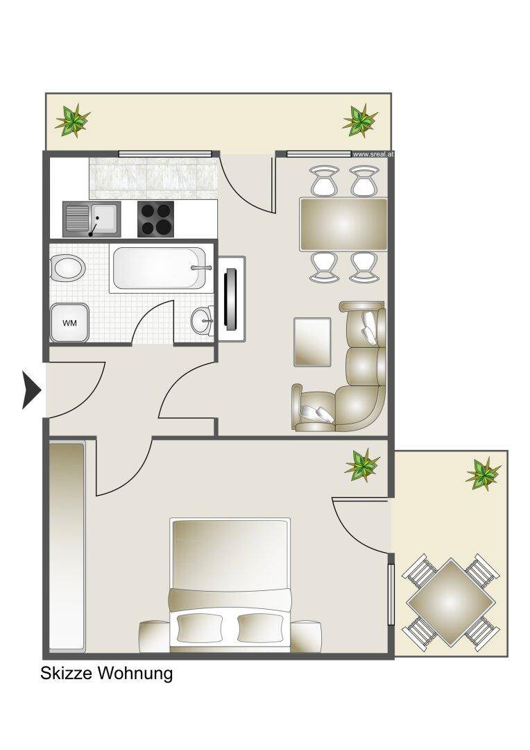 Grundriss einer Wohnung mit Schlafzimmer, Bad, Küche, Wohnbereich und zwei Balkonen.