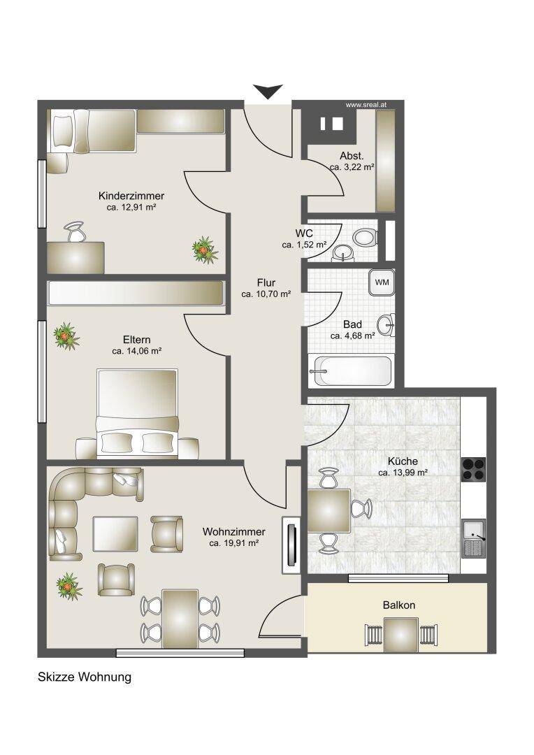Grundriss einer Wohnung mit drei Zimmern, Küche, Bad, WC und Balkon.