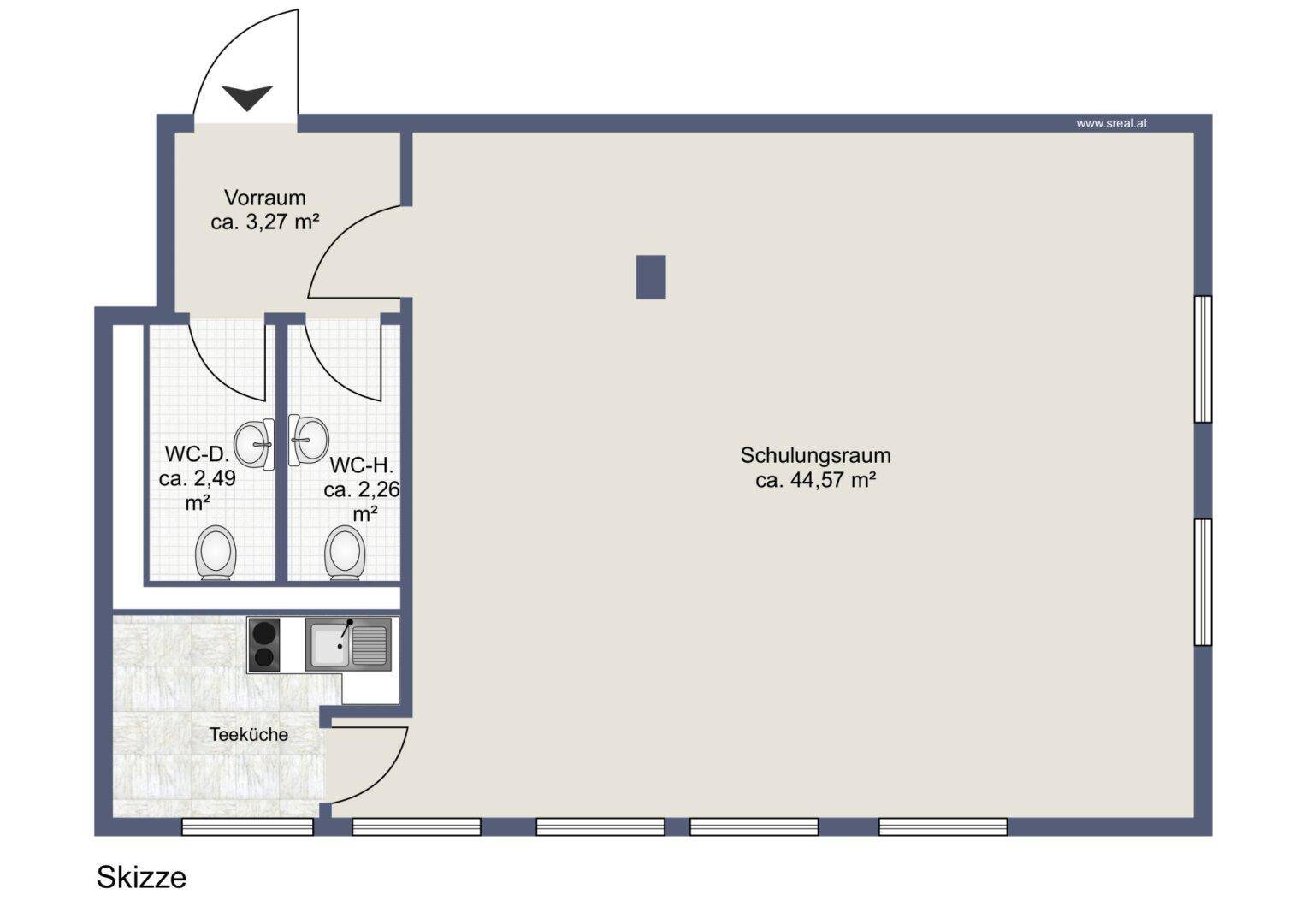 Grundriss einer Etage mit Schulungsraum, Teeküche und zwei Toiletten.