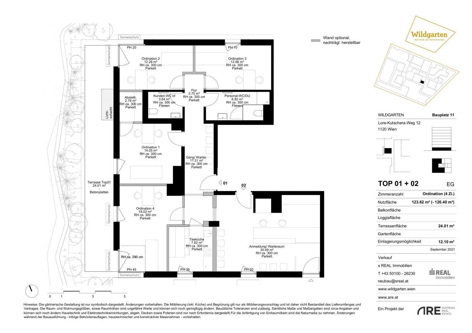 Grundriss für die Erdgeschosswohnung TOP 01 + 02 mit Terrasse und Gartenanteil.