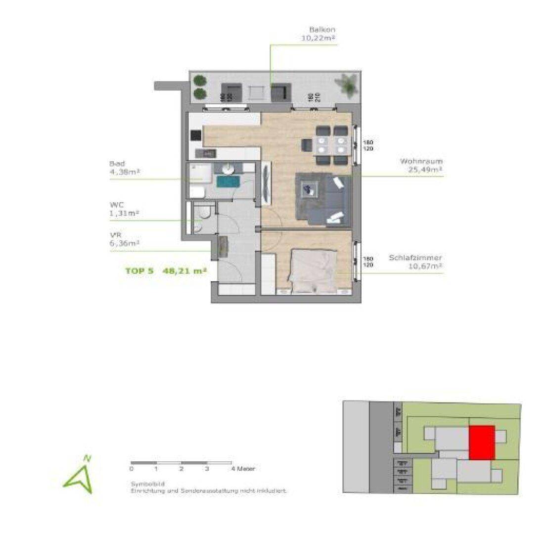 Grundriss für TOP 5 mit einem Schlafzimmer, Wohnraum und Balkon.