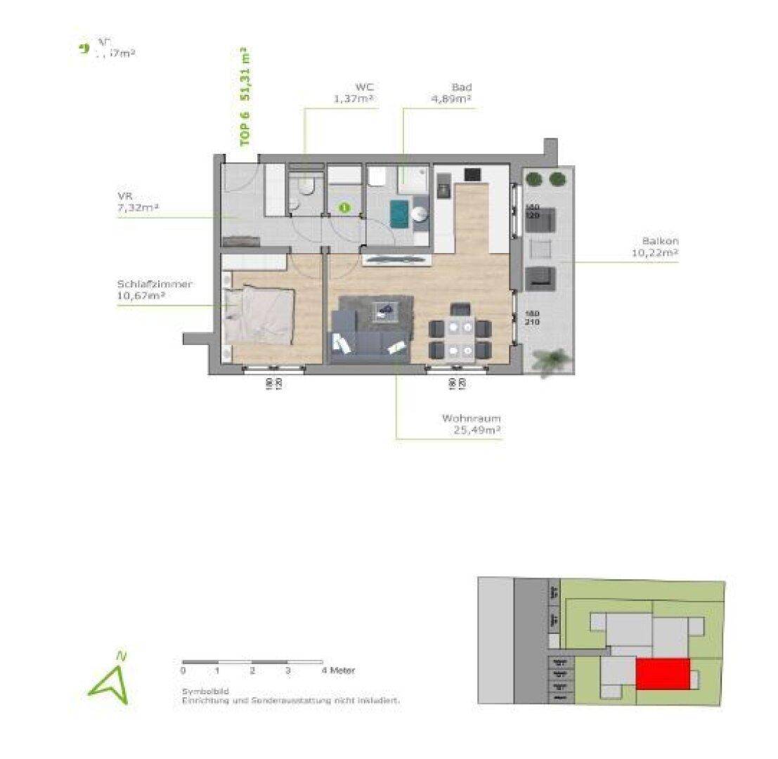Grundriss für TOP 6 mit einem Schlafzimmer, offenem Wohnbereich und Balkon.