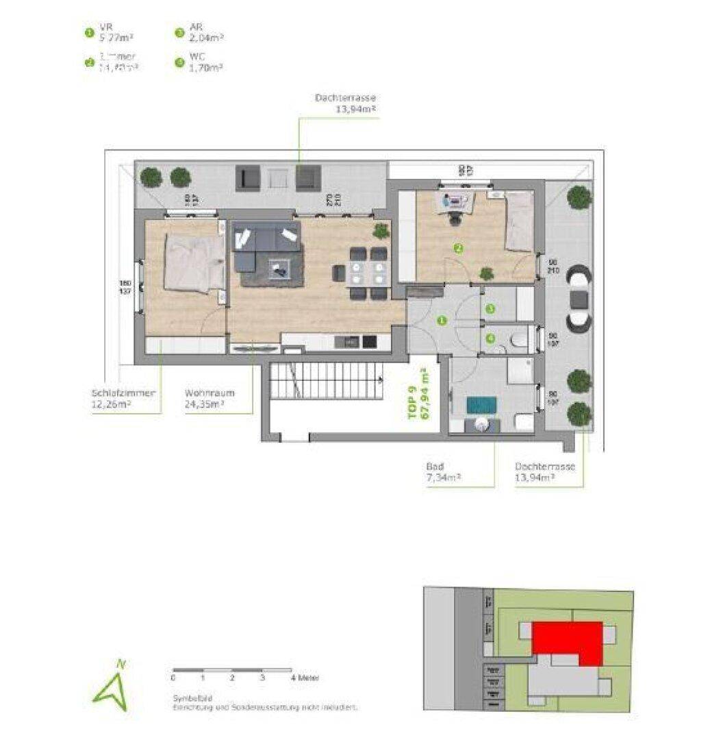 Grundriss für TOP 9 mit zwei Schlafzimmern, Wohnraum und Dachterrasse.