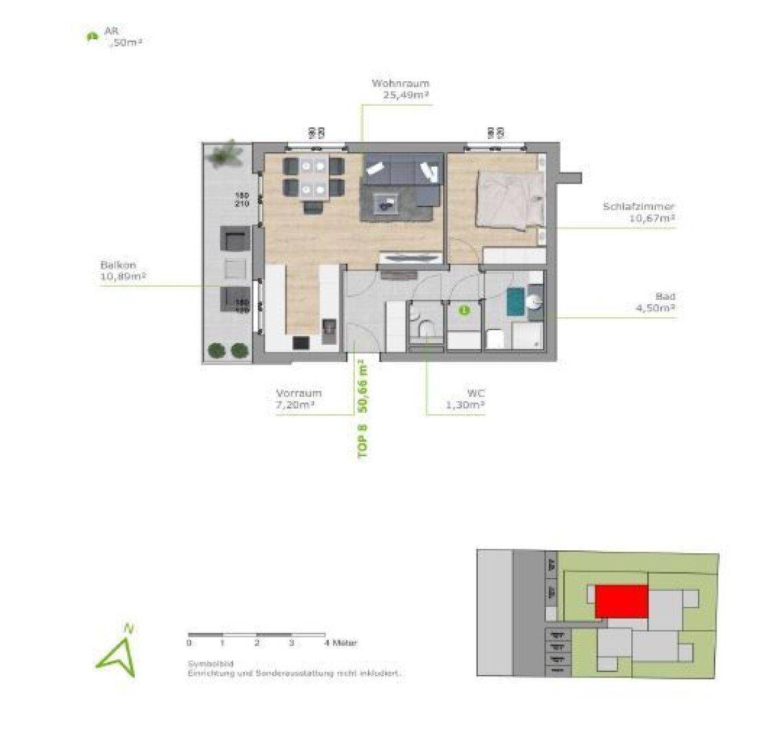 Grundriss für TOP 8 mit einem Schlafzimmer, Wohnraum, WC und Balkon.