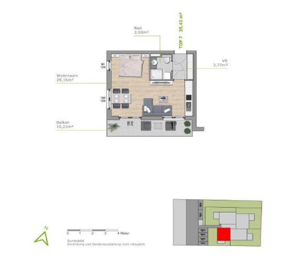 Grundriss für TOP 7 mit einem Schlafzimmer, Wohnraum und großem Balkon.