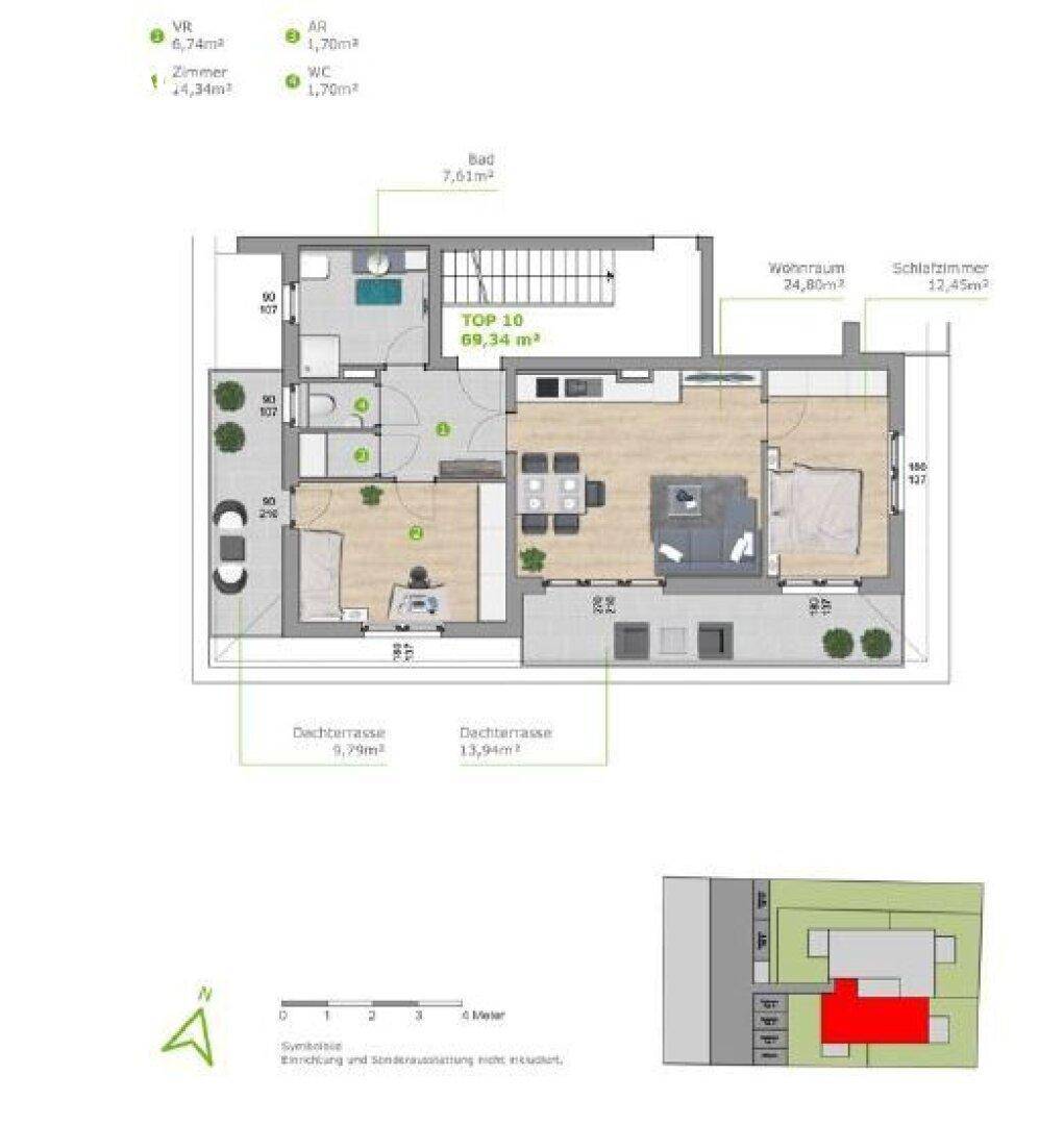 Grundriss für TOP 10 mit zwei Schlafzimmern, Wohnraum und Dachterrasse.