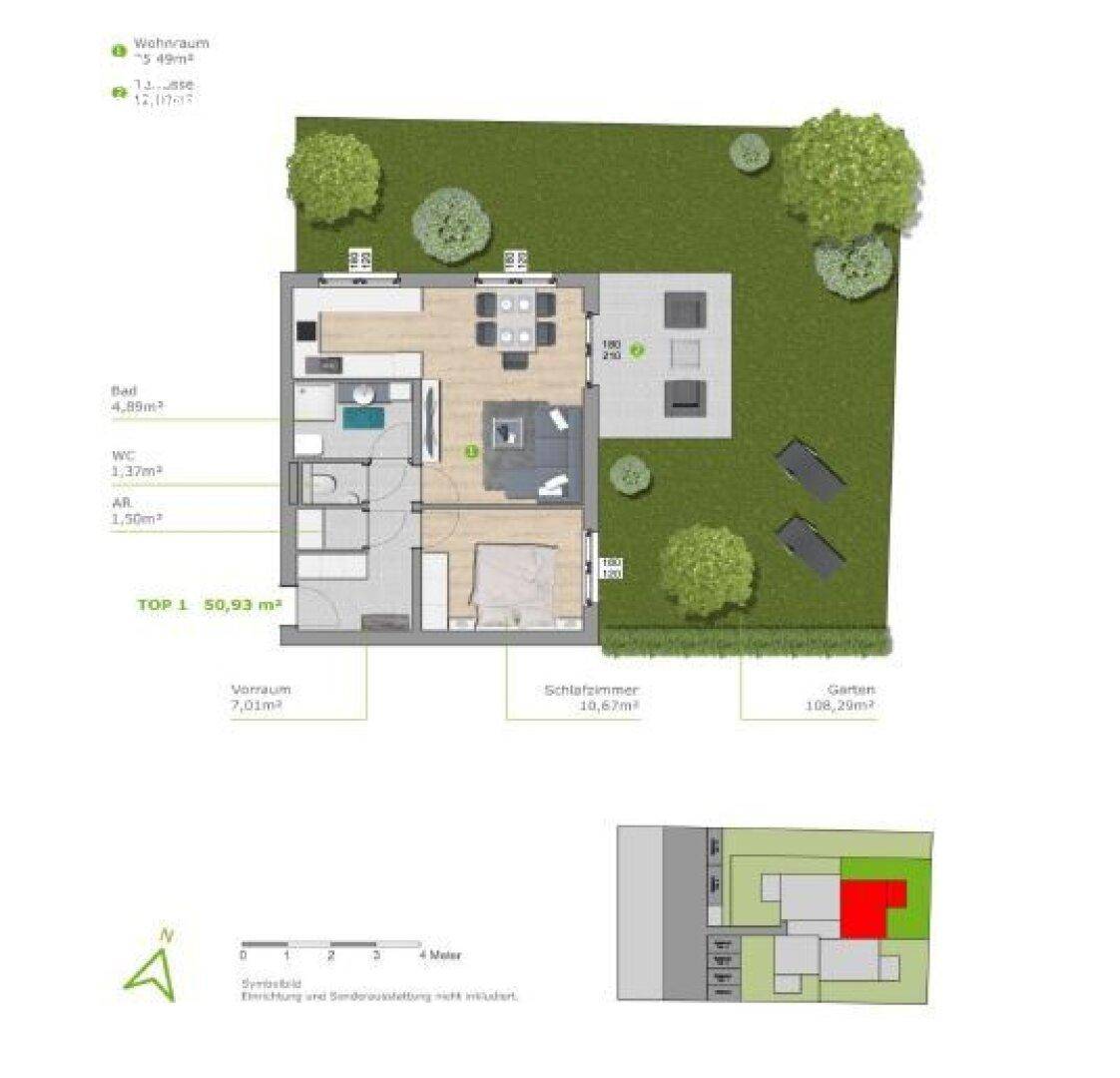 Grundriss für TOP 1 mit einem Schlafzimmer, Wohnraum und großem Garten.