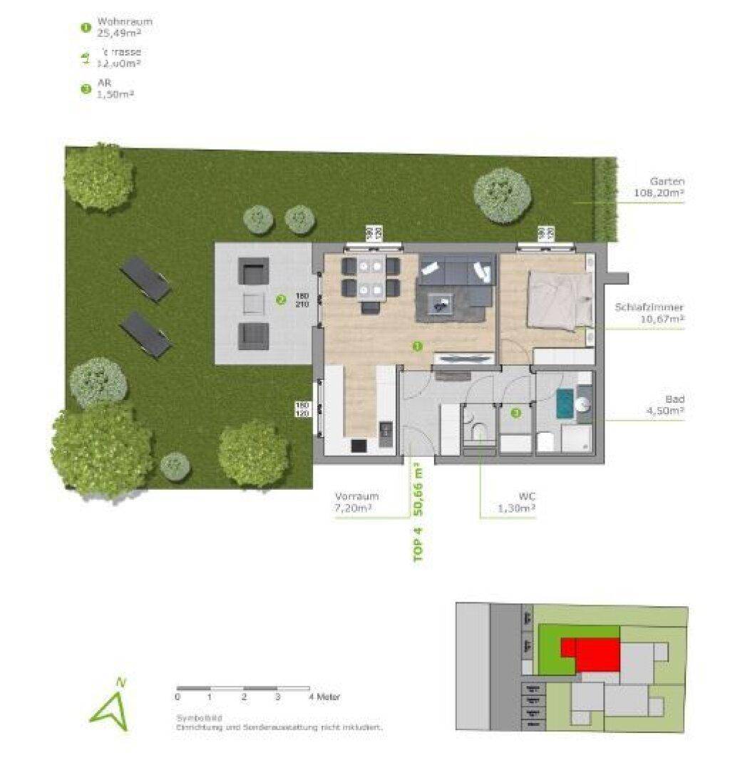 Grundriss für TOP 4 mit einem Schlafzimmer, Wohnraum und großem Garten.
