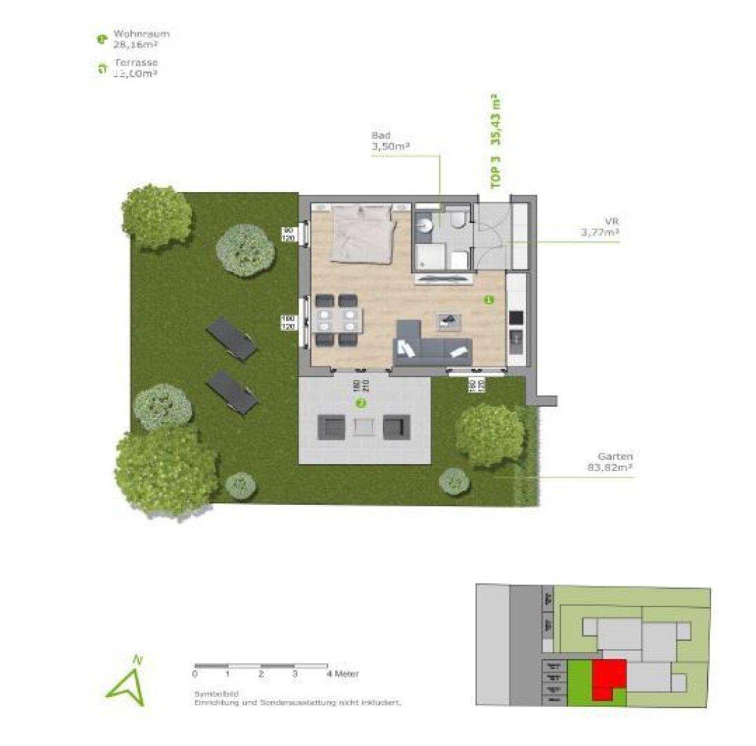 Grundriss für TOP 3 mit einem Schlafzimmer, Wohnraum und großem Garten.