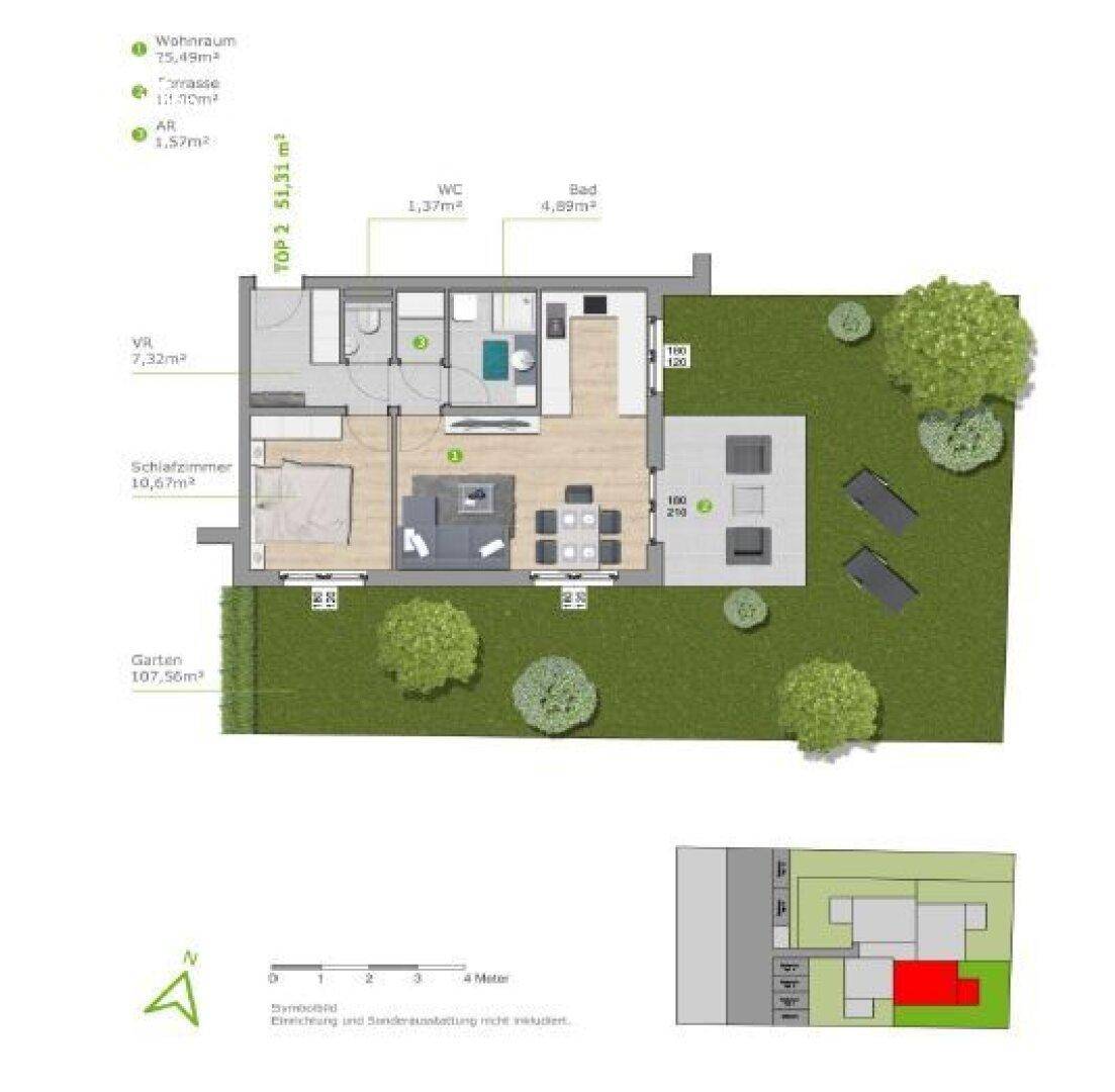 Grundriss für TOP 2 mit einem Schlafzimmer, Wohnraum und großem Garten.