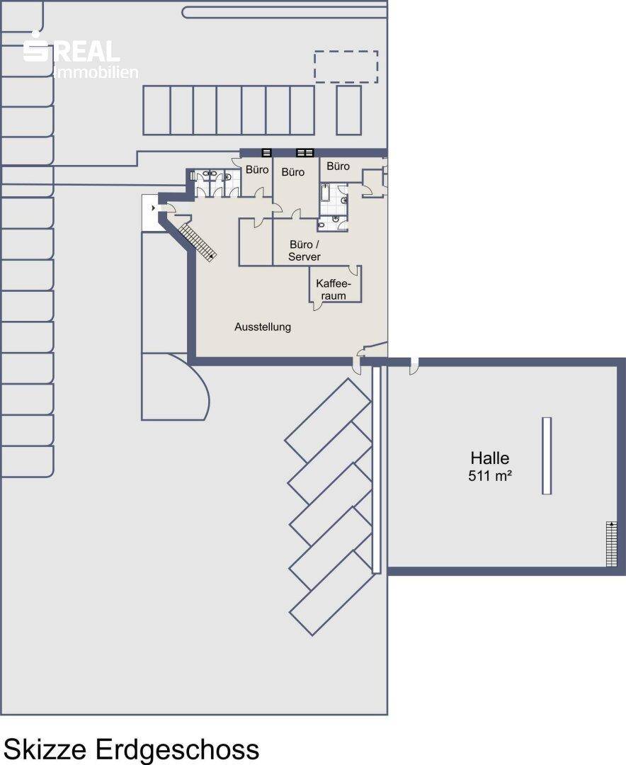 Grundriss des Erdgeschosses mit Büros, Ausstellungsfläche und großer Halle von 511 m².