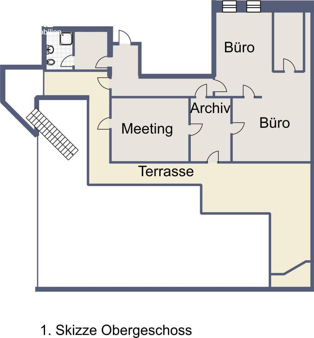 Grundriss des Obergeschosses mit Büros, Meetingraum, Archiv und einer Terrasse.