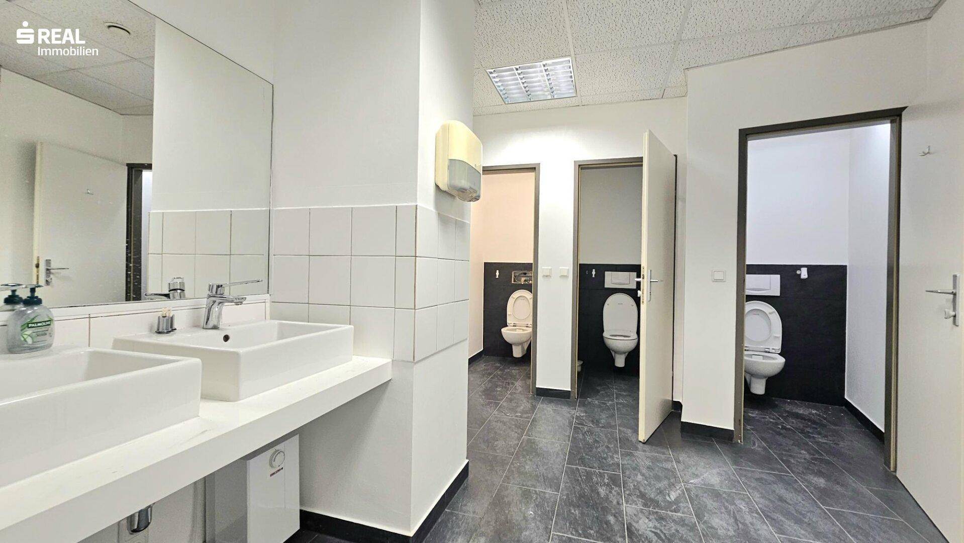 Mehrere Toilettenkabinen in einem Gemeinschaftsbad mit Doppelwaschbecken und dunklen Fliesen.