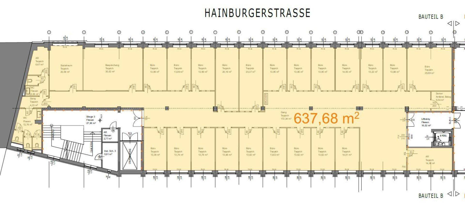 Grundriss des Gebäudes mit einer Fläche von 637,68 m² und vielen einzelnen Büroräumen.