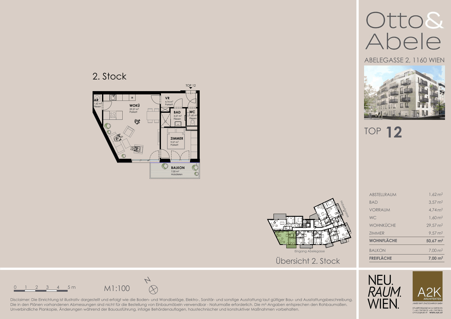 Grundriss der Wohnung Top 12 im 2. Stock mit Balkon und offener Wohnküche.