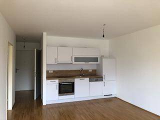 Kleine, moderne Einbauküche mit weißen Schränken und Holz-Arbeitsplatte in einem leeren Raum.