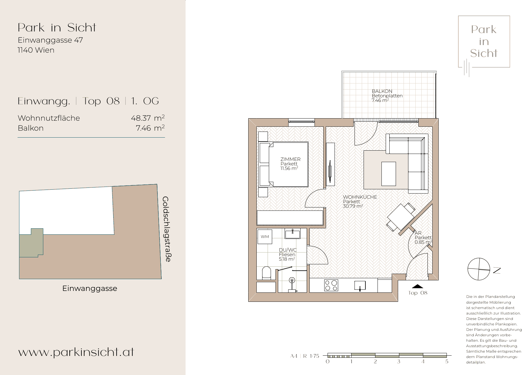 Grundriss einer Wohnung mit Wohnküche, Schlafzimmer und Balkon von 7.46 m².