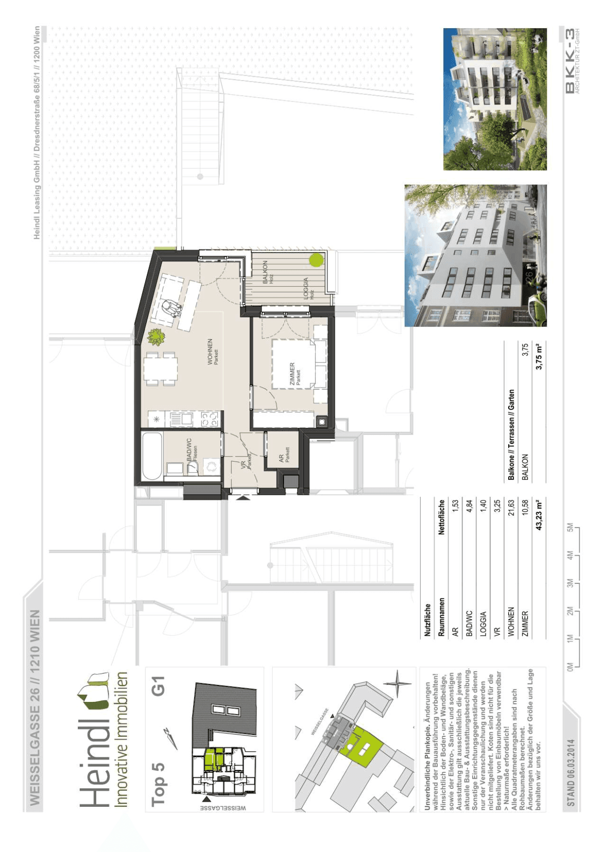 Detaillierter Grundriss einer Wohnung mit Wohnbereich, Schlafzimmer und Balkon.