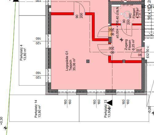 Grundriss des Erdgeschosses mit Logopädie-Bereich, WC und Parkplätzen.