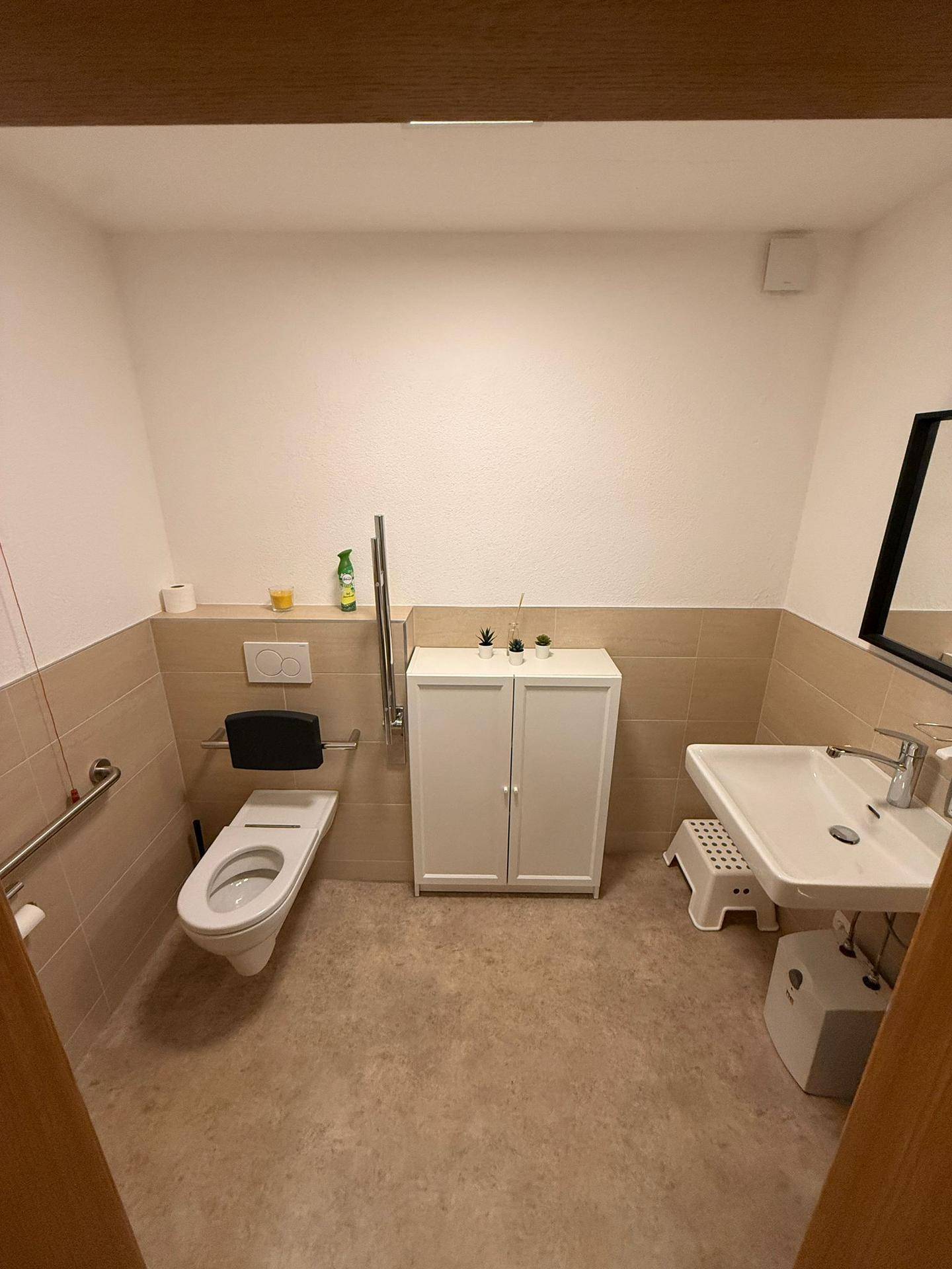 Barrierefreies Badezimmer mit WC, Waschbecken und Haltegriffen für zusätzliche Sicherheit.