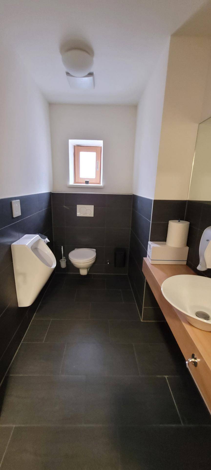 Modernes Badezimmer mit dunklen Fliesen, Urinal, Toilette und Waschbecken auf Holzplatte.