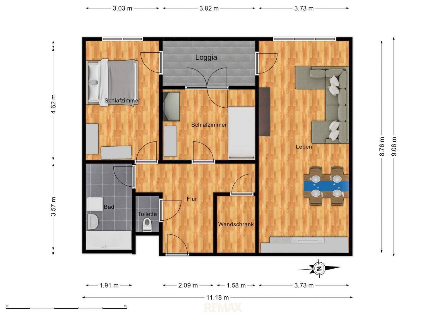 Farbiger Grundriss einer Wohnung mit zwei Schlafzimmern, Loggia und offenem Wohnbereich.