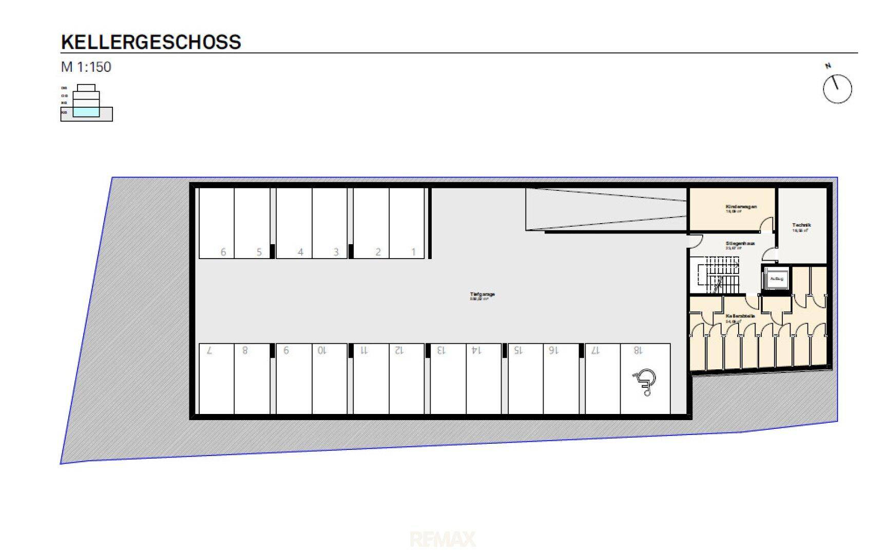 Grundriss des Kellergeschosses mit Tiefgarage und Abstellräumen für die Bewohner.