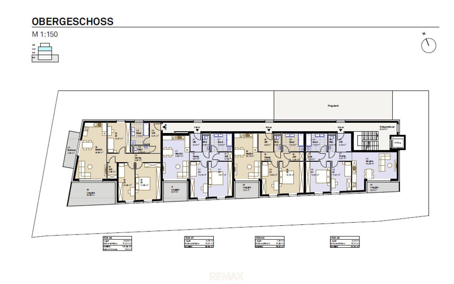 Grundriss des Obergeschosses mit mehreren Wohneinheiten, Balkonen und offenem Wohnbereich.
