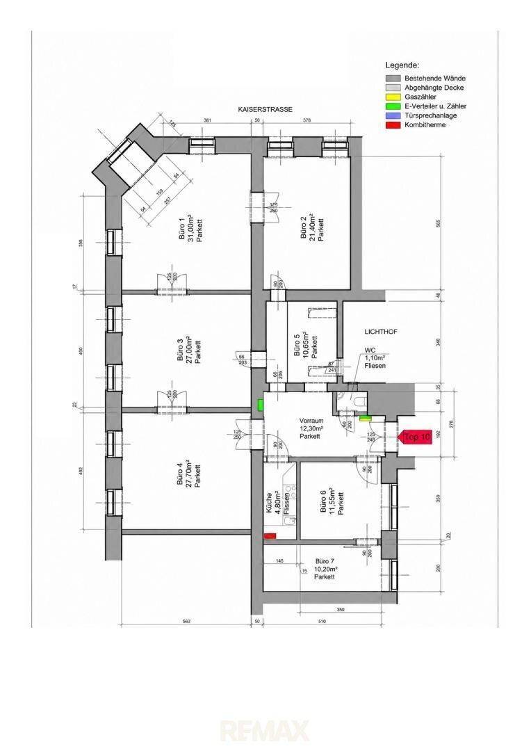 Grundrissplan einer Etage mit mehreren Büroräumen, einer Küche und einem WC, inklusive Bodenbelagsangaben.