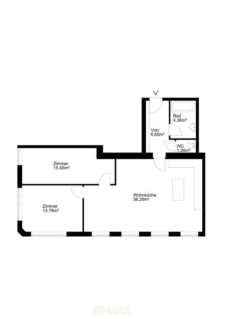 Grundrissplan mit offener Wohnküche, zwei Zimmern, Bad und separatem WC.