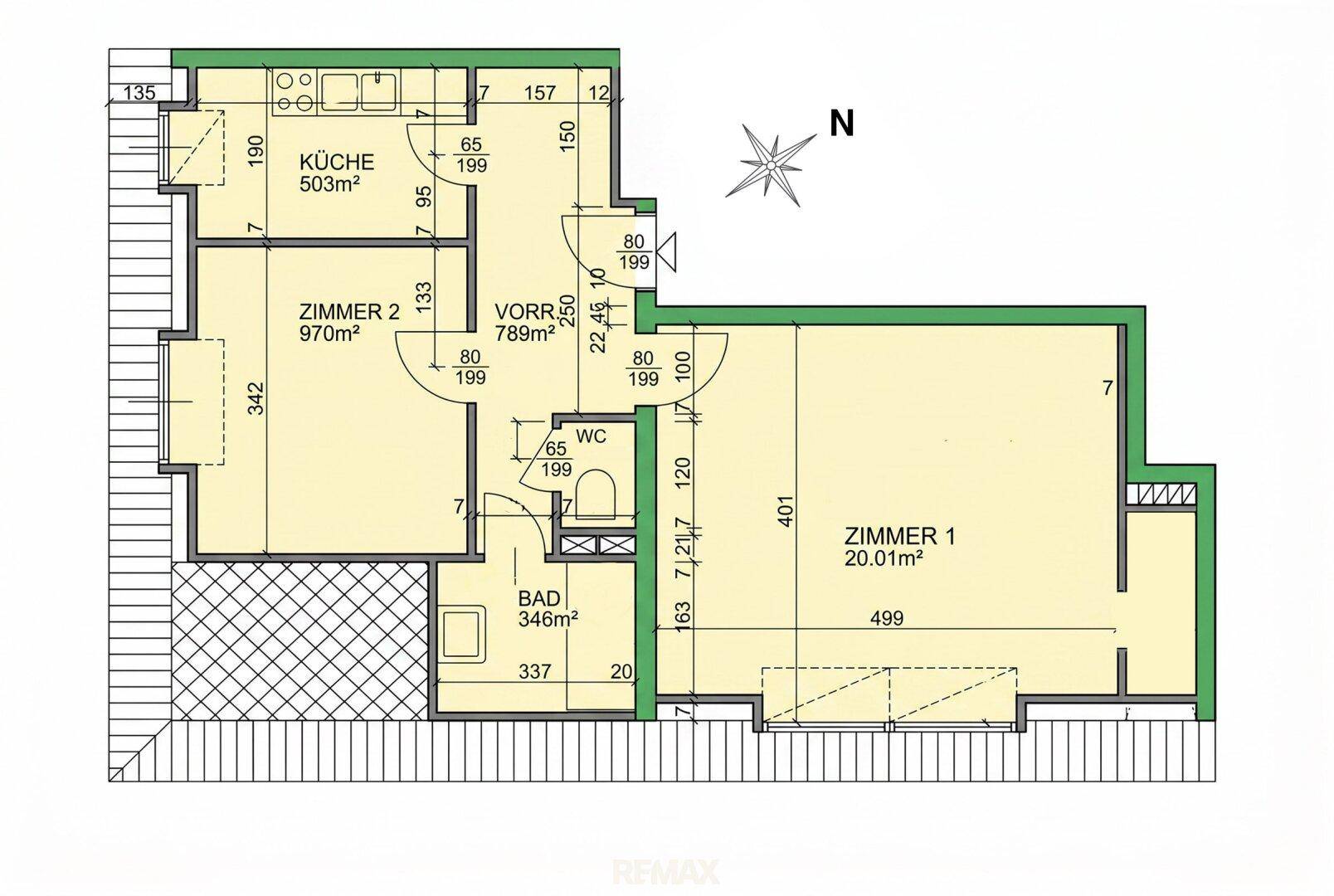 Grundriss der Wohnung mit zwei Zimmern, Küche, Bad und separatem WC.