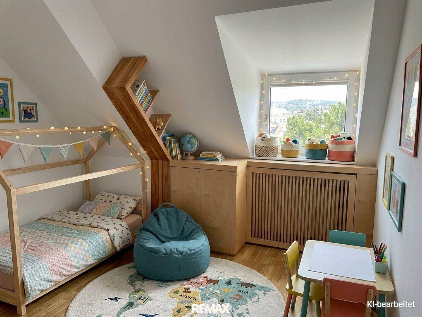 Gemütliches Kinderzimmer im Dachgeschoss mit Holzbett, bunten Dekorationen und schrägen Wänden.