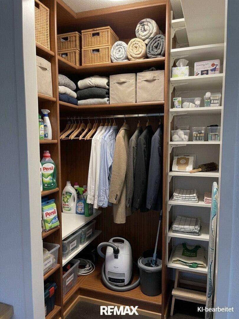 Praktischer begehbarer Kleiderschrank mit Regalen und Stauraum für Kleidung und Haushaltsartikel.
