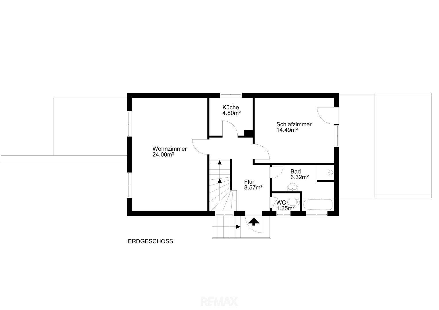 Grundriss des Erdgeschosses mit Wohnzimmer, Küche, Schlafzimmer, Bad und separatem WC.
