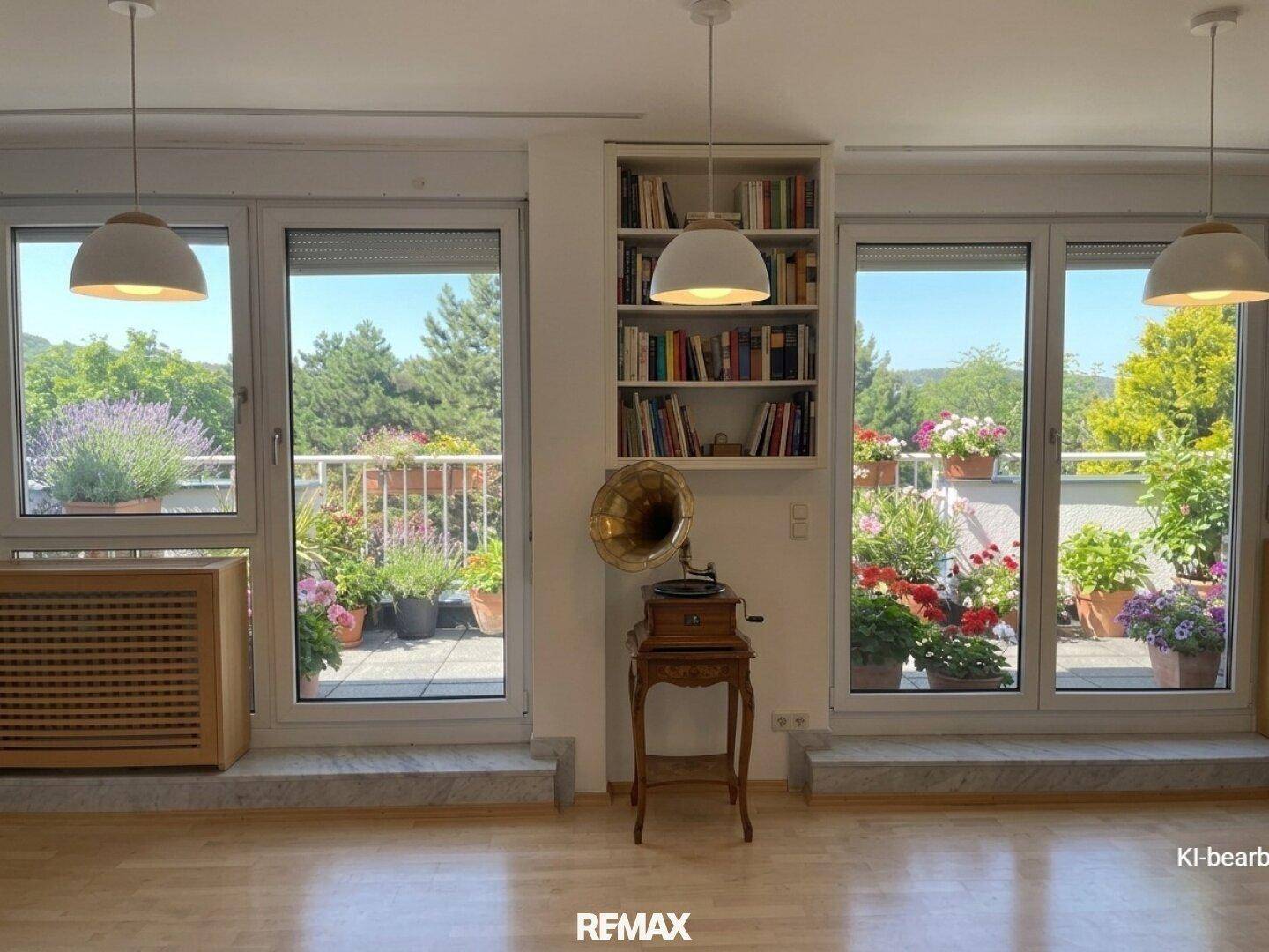 Helles Wohnzimmer mit großen Fenstern, Zugang zur Terrasse und Blick ins Grüne.