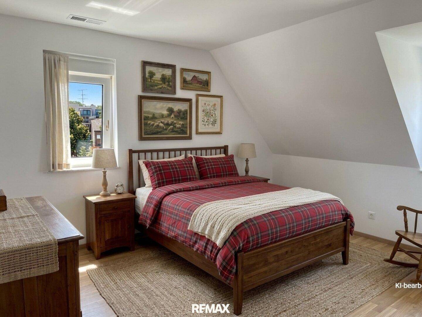 Gemütliches Schlafzimmer mit Holzbett, karierter Bettwäsche und Dachschräge.