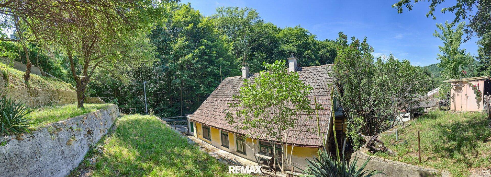 Panoramablick auf das Haus von der Seite, umgeben von Bäumen und einem geneigten Garten.