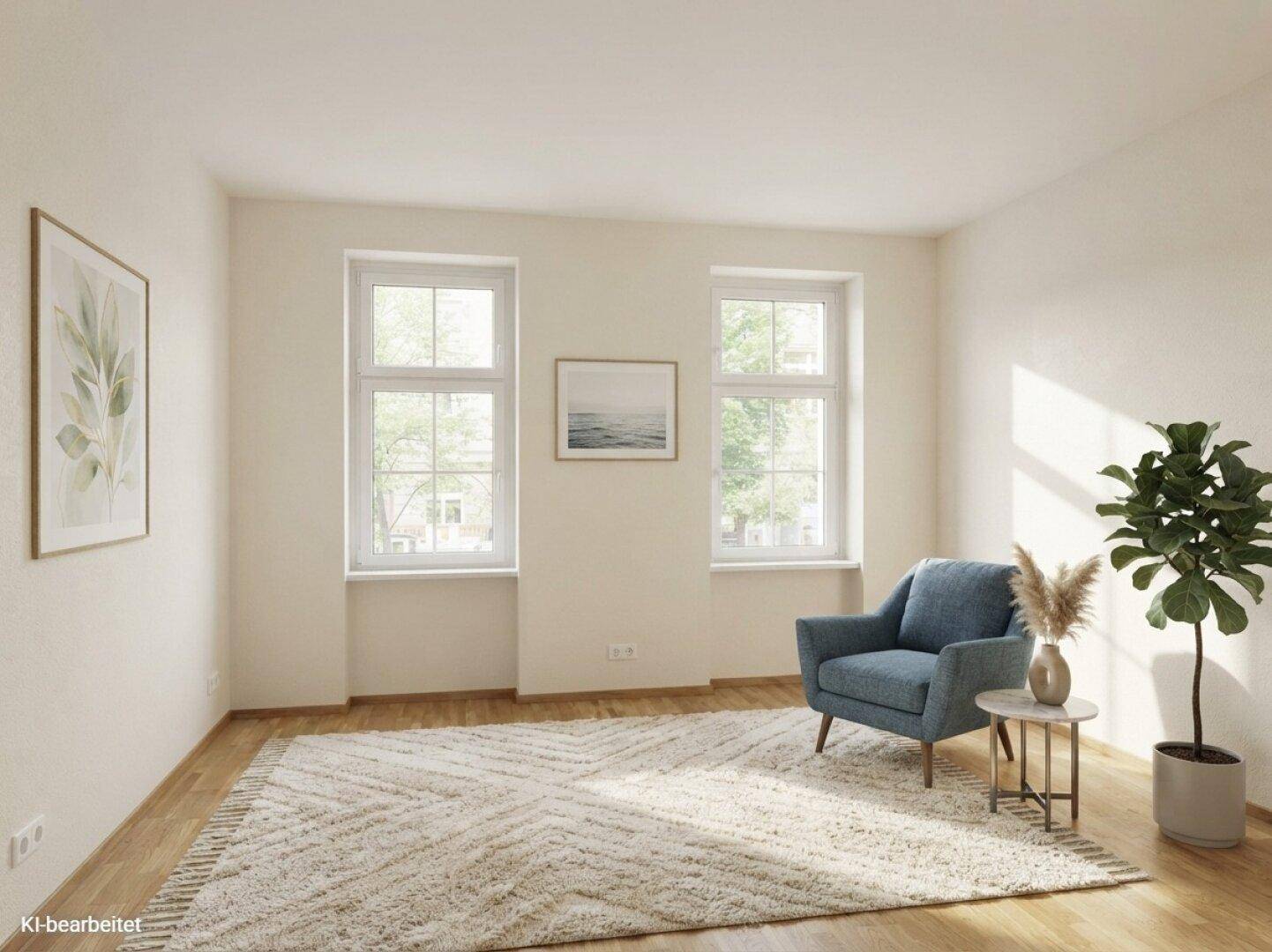 Gemütliches Wohnzimmer mit blauem Sessel, Holzboden und viel Tageslicht durch zwei Fenster.