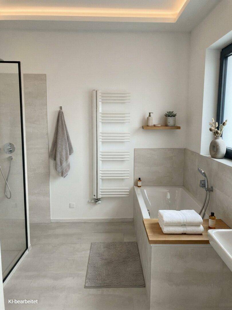 Modernes Badezimmer mit Badewanne, begehbarer Dusche, beheiztem Handtuchhalter und Fenster.